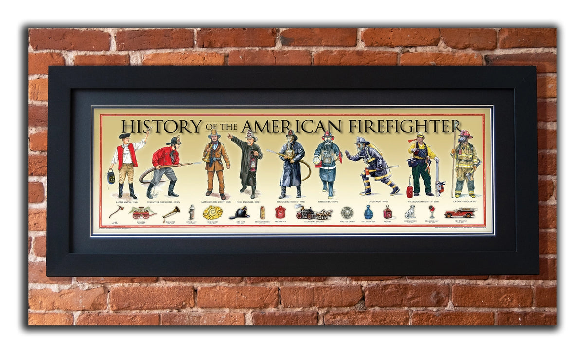 Framed History of the American Firefighter timeline print displayed on a brick wall.
