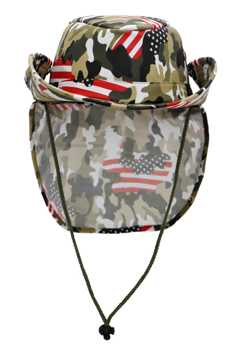 Front view of American flag camouflage boonie hat with wide brim and neck shade flap