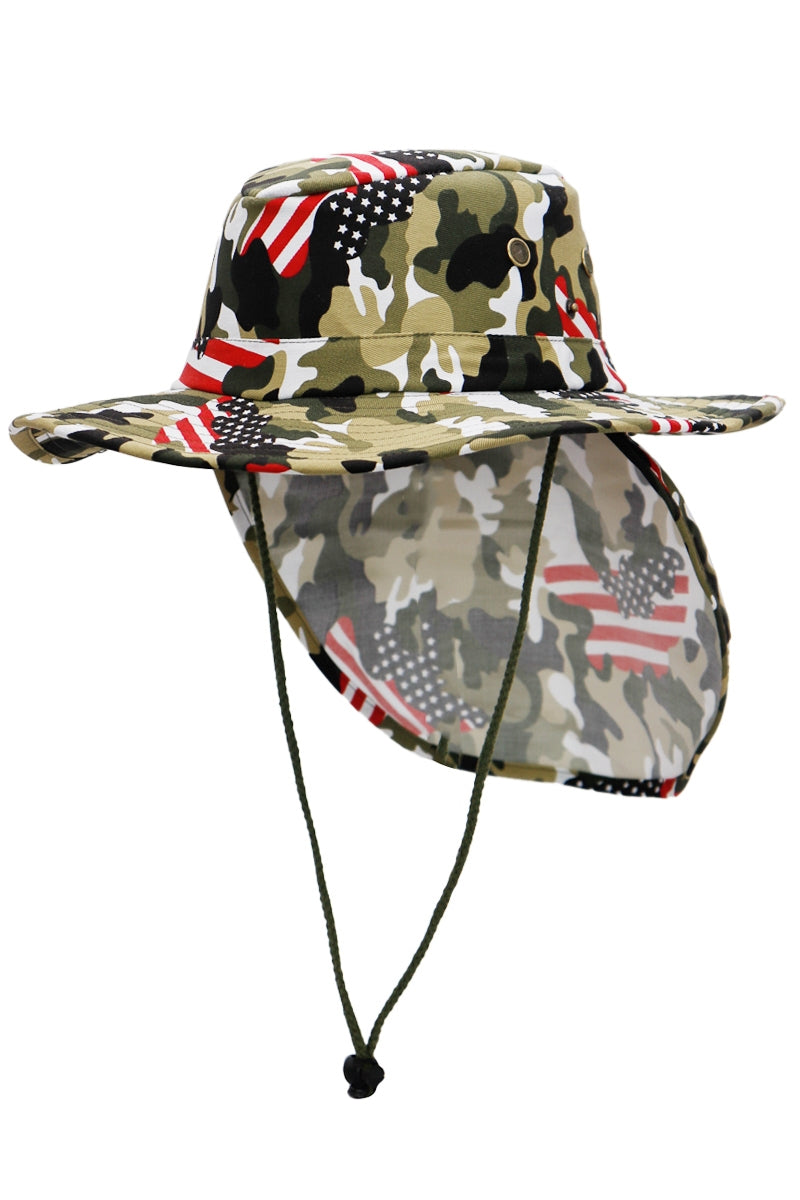Side profile of camouflage hunting boonie hat with American flag patch and neck protection