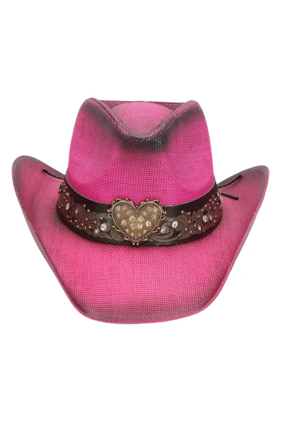 Heart Bling Ombre Straw Cowboy Hat – Rhinestone Belt Trim