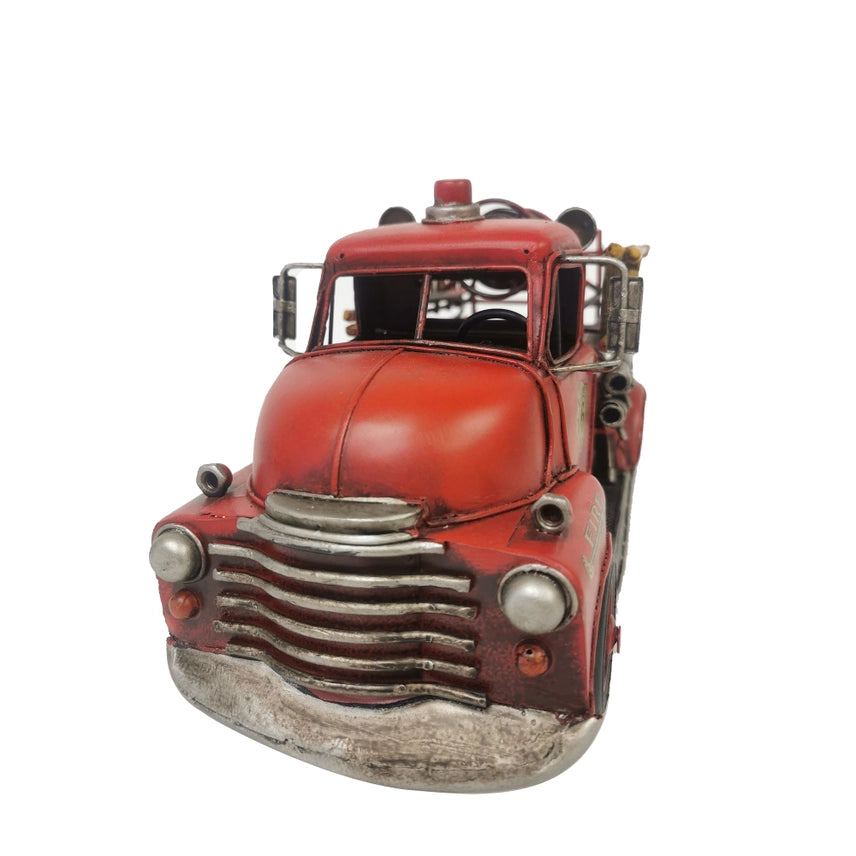Handcrafted Vintage Fire Truck Metal Model – Rustic Firefighter Desk & Office Decor