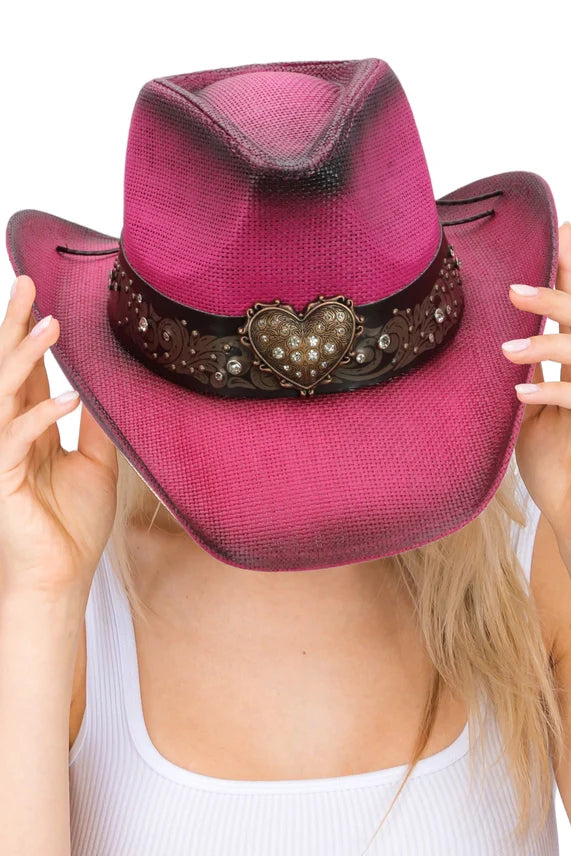 Heart Bling Ombre Straw Cowboy Hat – Rhinestone Belt Trim