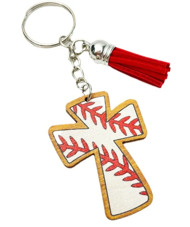 White wooden cross keychain with red baseball seams and red tassel