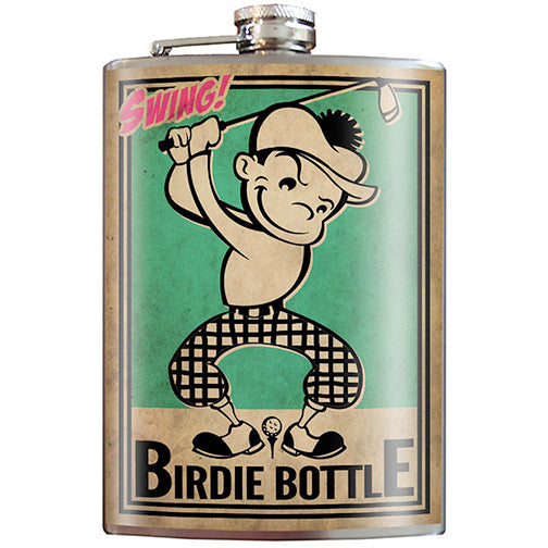 Birdie Bottle stainless steel hip flask with golf humor design, 8 oz capacity
