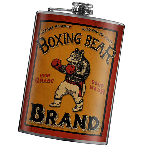Boxing Bear Brand stainless steel hip flask with vintage bear boxing design, 8 oz capacity