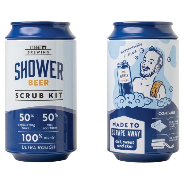 Shower Beer Scrub Kit in beer can packaging with towel and nail brush