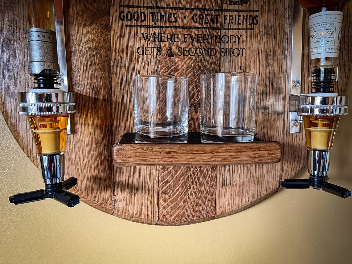 Personalized Bourbon Barrel Lid Liquor Dispenser | Custom Man Cave Bar Decor | Made in USA