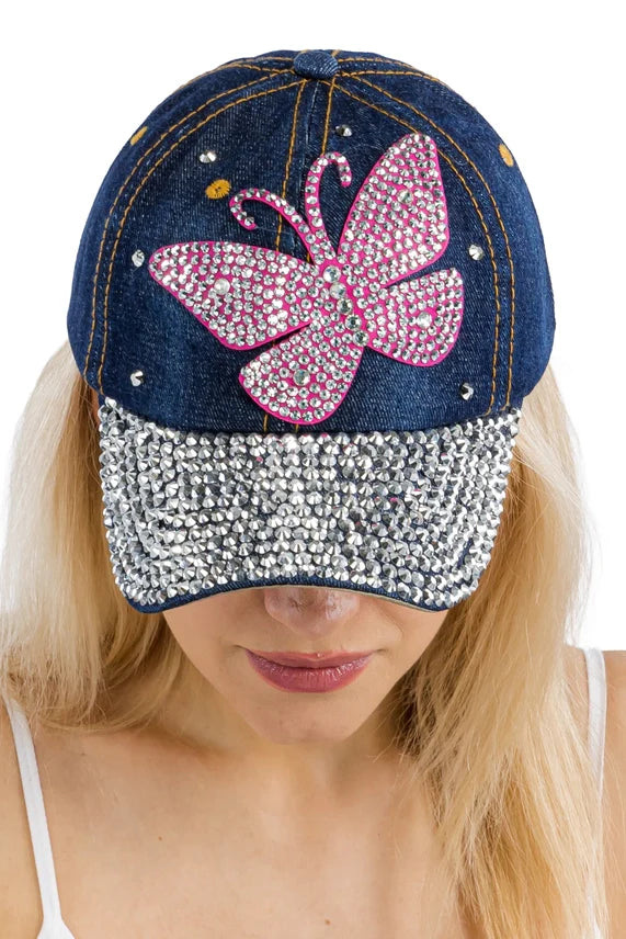 Butterfly Rhinestone Baseball Cap – Dark Denim Blue
