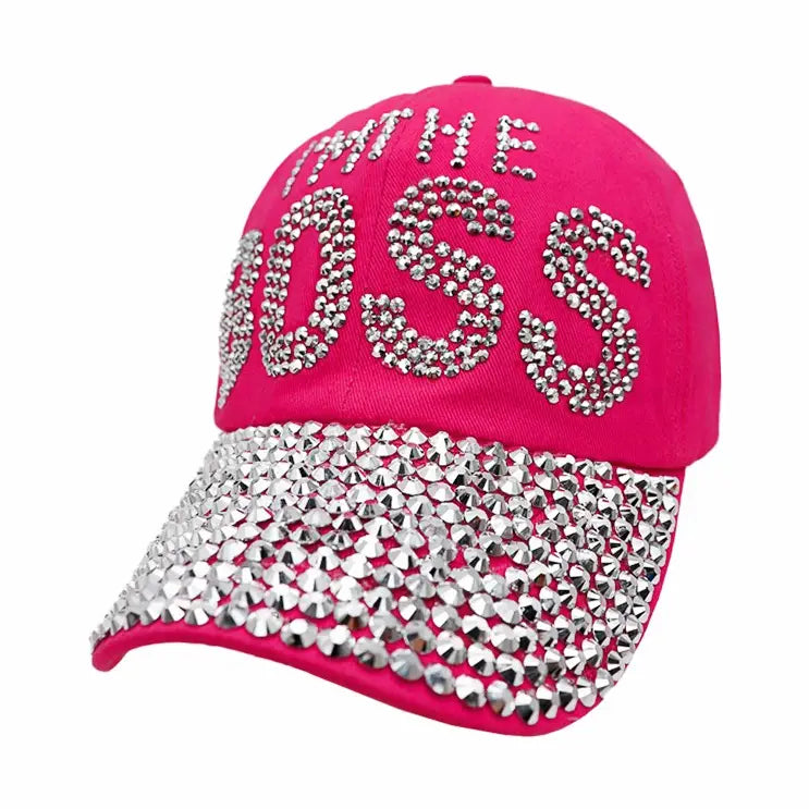 I’M THE BOSS rhinestone denim baseball cap with six-panel design