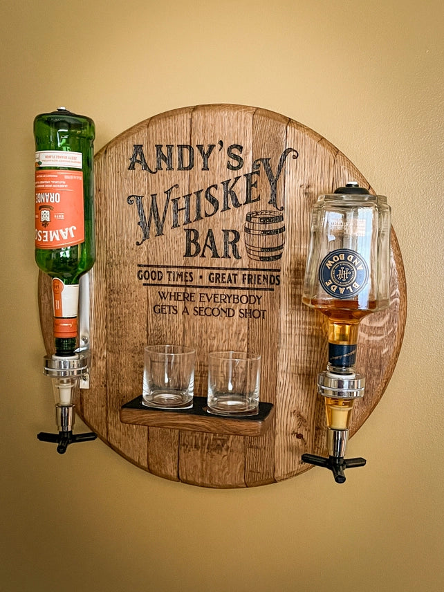 Personalized Bourbon Barrel Lid Liquor Dispenser | Custom Man Cave Bar Decor | Made in USA