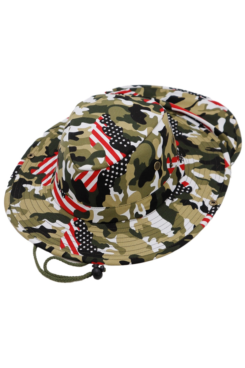 Top view of camouflage boonie bucket hat with American flag design