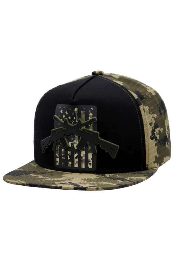 Crossed Rifle USA Flag Flat Brim Cap – Digital Camo Five Panel