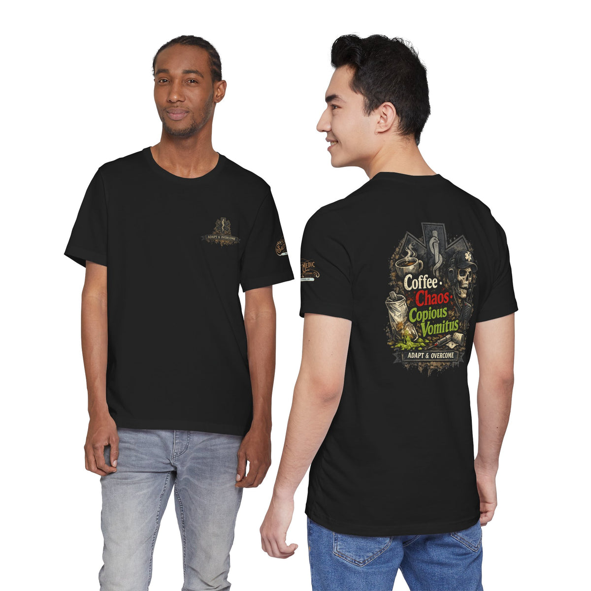 Front view of navy blue Coffee Chaos Copious Vomitus EMS dark humor t-shirt featuring Adapt and Overcome paramedic chest logo.