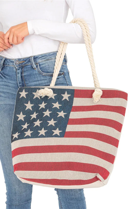 American Flag Canvas Tote Bag – Large Zippered Burlap Style