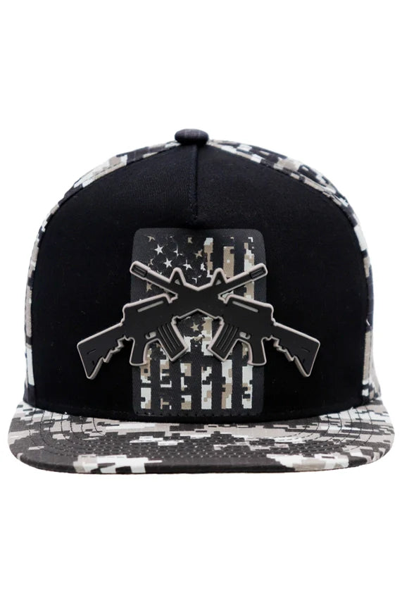 Crossed Rifle USA Flag Flat Brim Cap – Digital Camo Five Panel