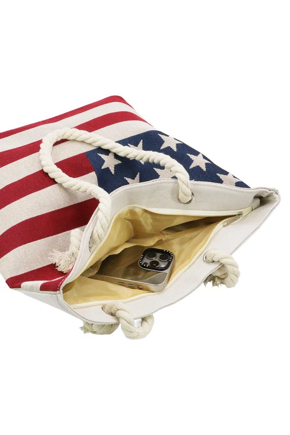 American Flag Canvas Tote Bag – Large Zippered Burlap Style