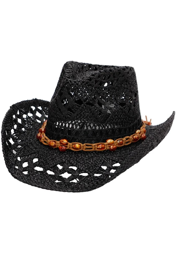 Beaded crochet straw cowboy hat with wired brim and decorative bead band