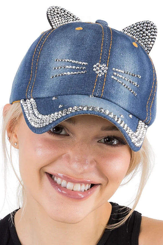 Kitty cat rhinestone denim baseball cap with ear and whisker embellishments