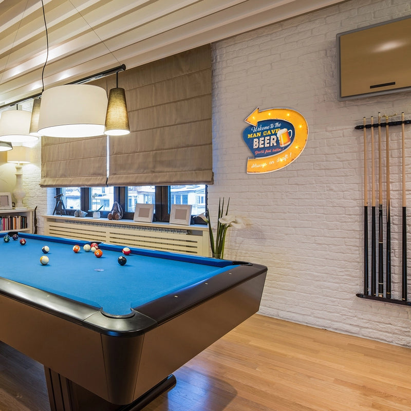 Man cave metal sign with built-in LED lights, distressed vintage style, and wall or tabletop display.