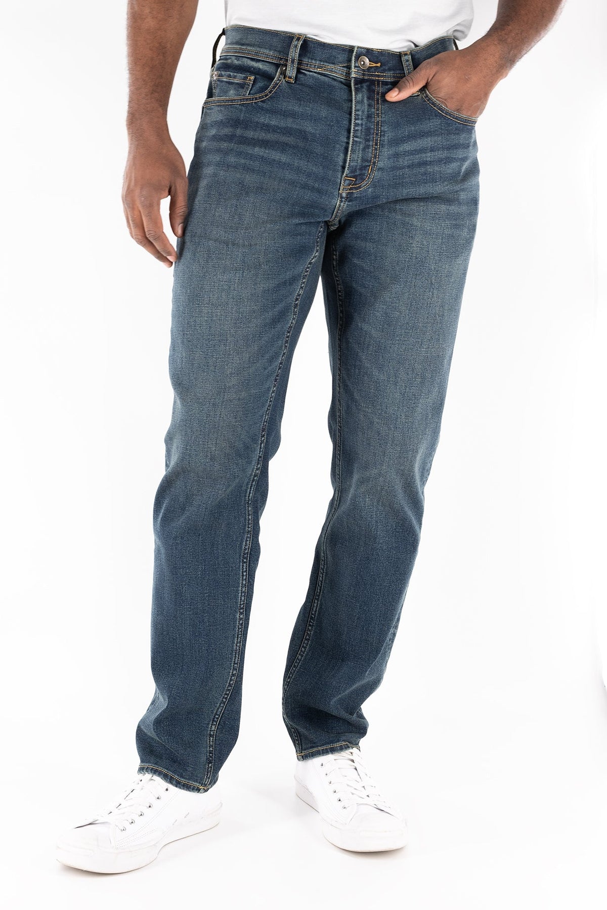 DEVIL-DOG athletic fit stretch jeans for men in Burke Vintage Indigo featuring tapered leg comfort denim for active and blue collar lifestyles