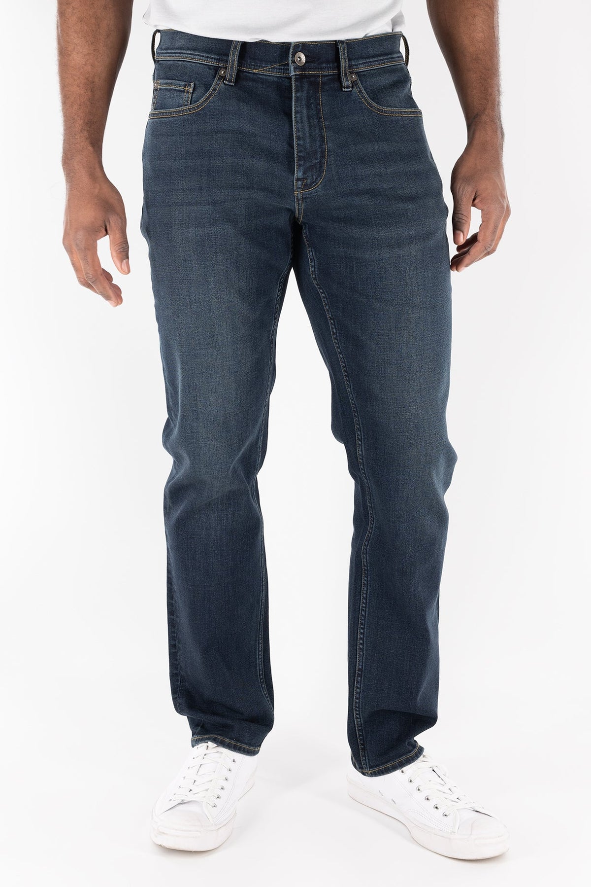 DEVIL-DOG athletic fit stretch jeans for men in Durham Dark Indigo featuring tapered leg comfort denim for active and blue collar lifestyles