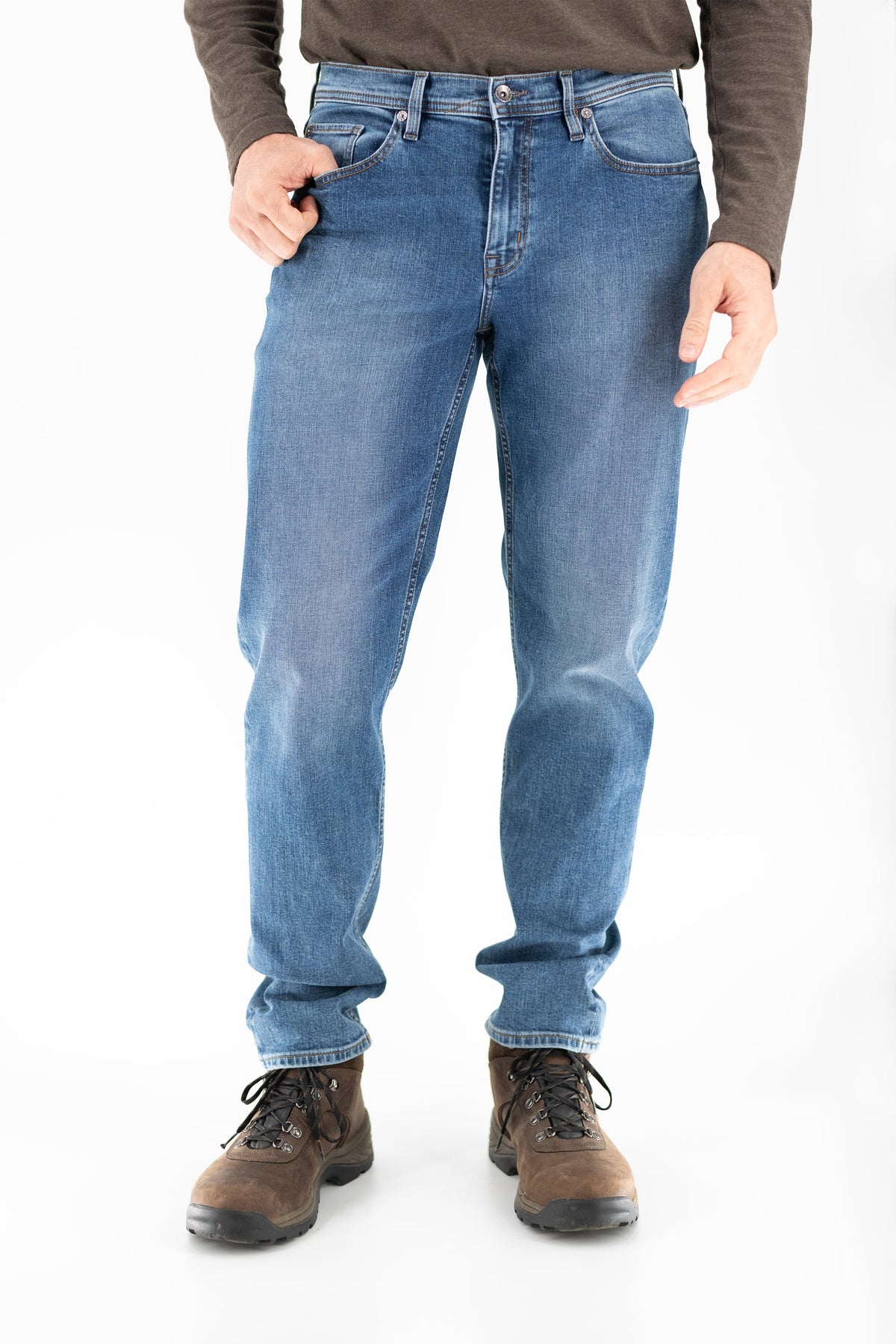 DEVIL-DOG athletic fit stretch jeans for men in Falls Lake Clean Medium featuring tapered leg comfort denim for active and blue collar lifestyles