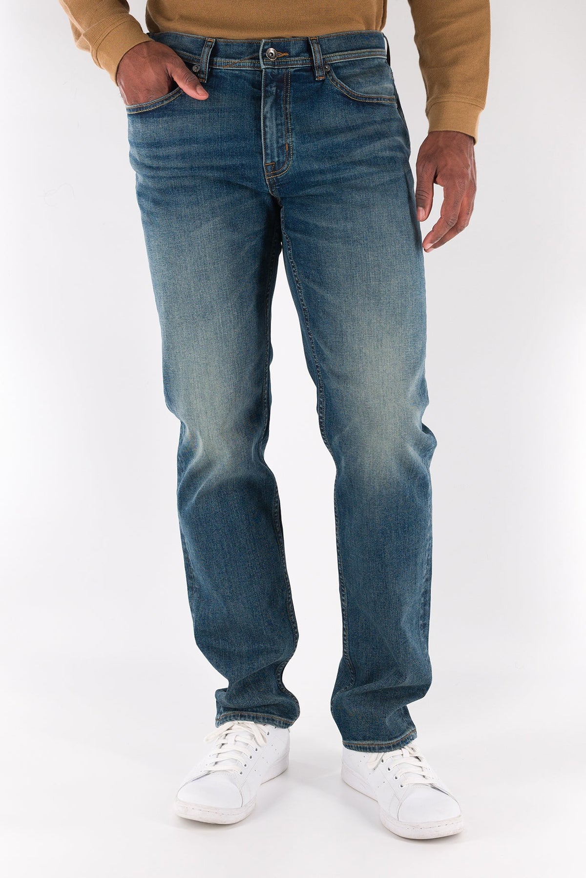 DEVIL-DOG athletic fit stretch jeans for men in Highpoint Med Dark Vintage featuring tapered leg comfort denim for active and blue collar lifestyles