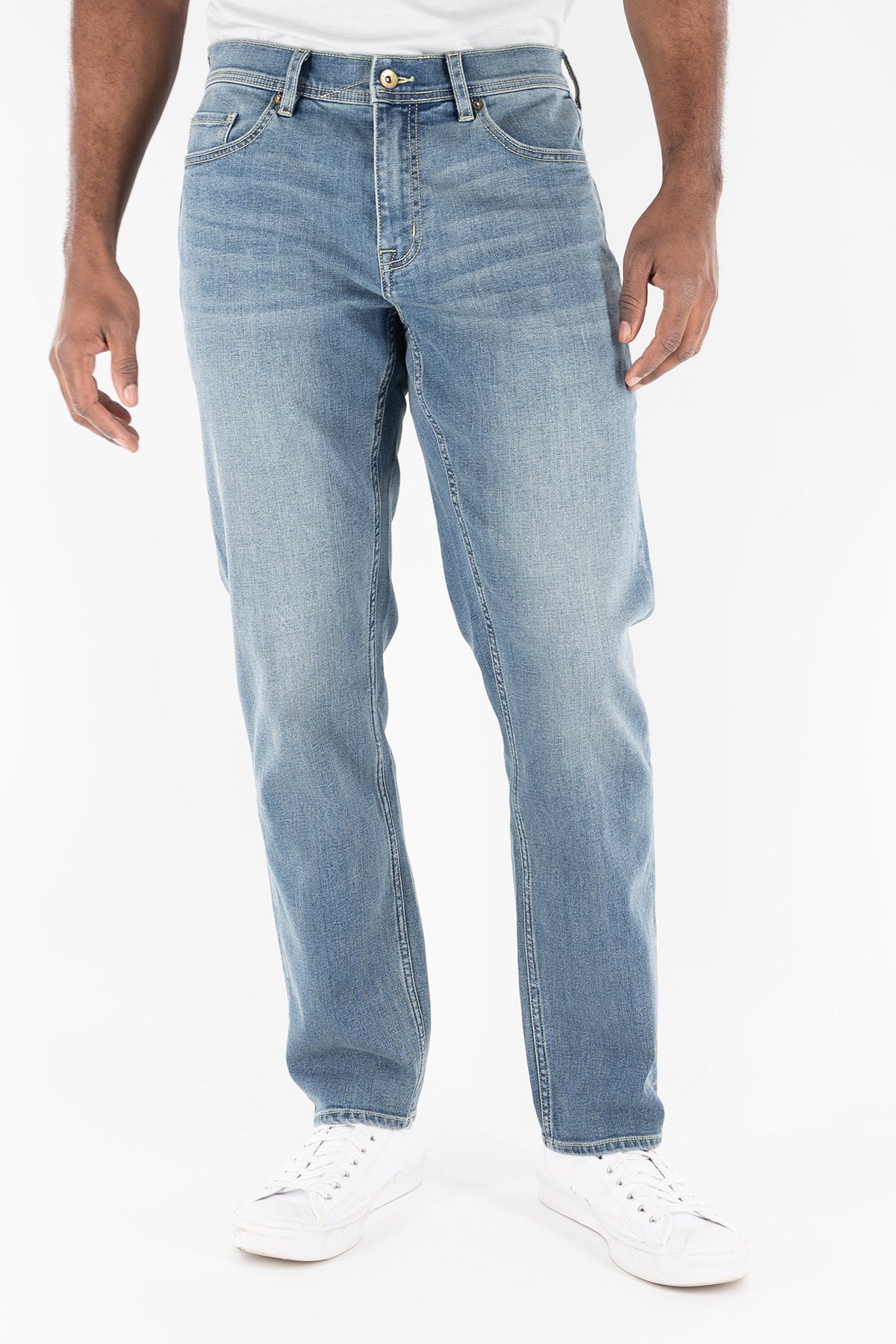 DEVIL-DOG athletic fit stretch jeans for men in Oxford Light Wash featuring tapered leg comfort denim for active and blue collar lifestyles
