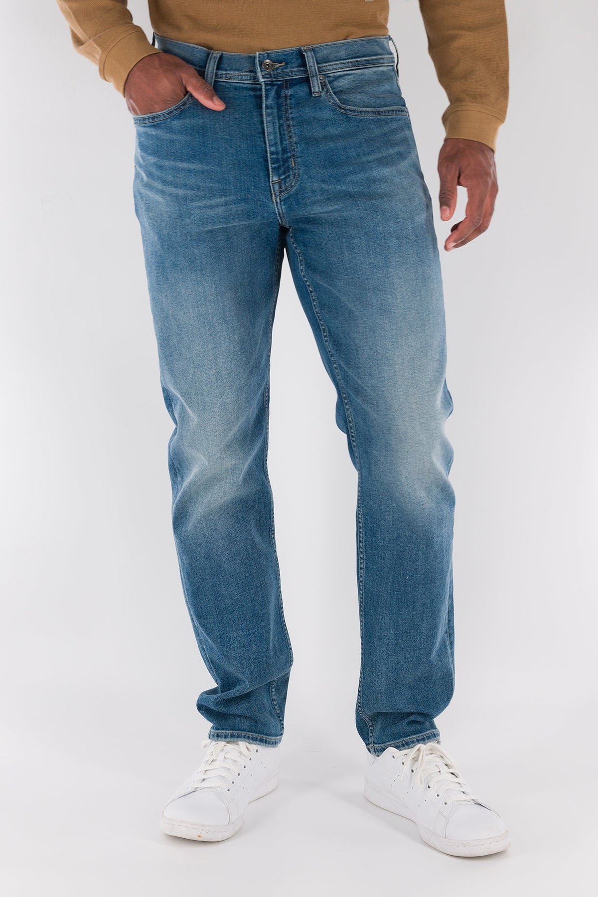DEVIL-DOG athletic fit stretch jeans for men in Swansboro Medium Light featuring tapered leg comfort denim for active and blue collar lifestyles