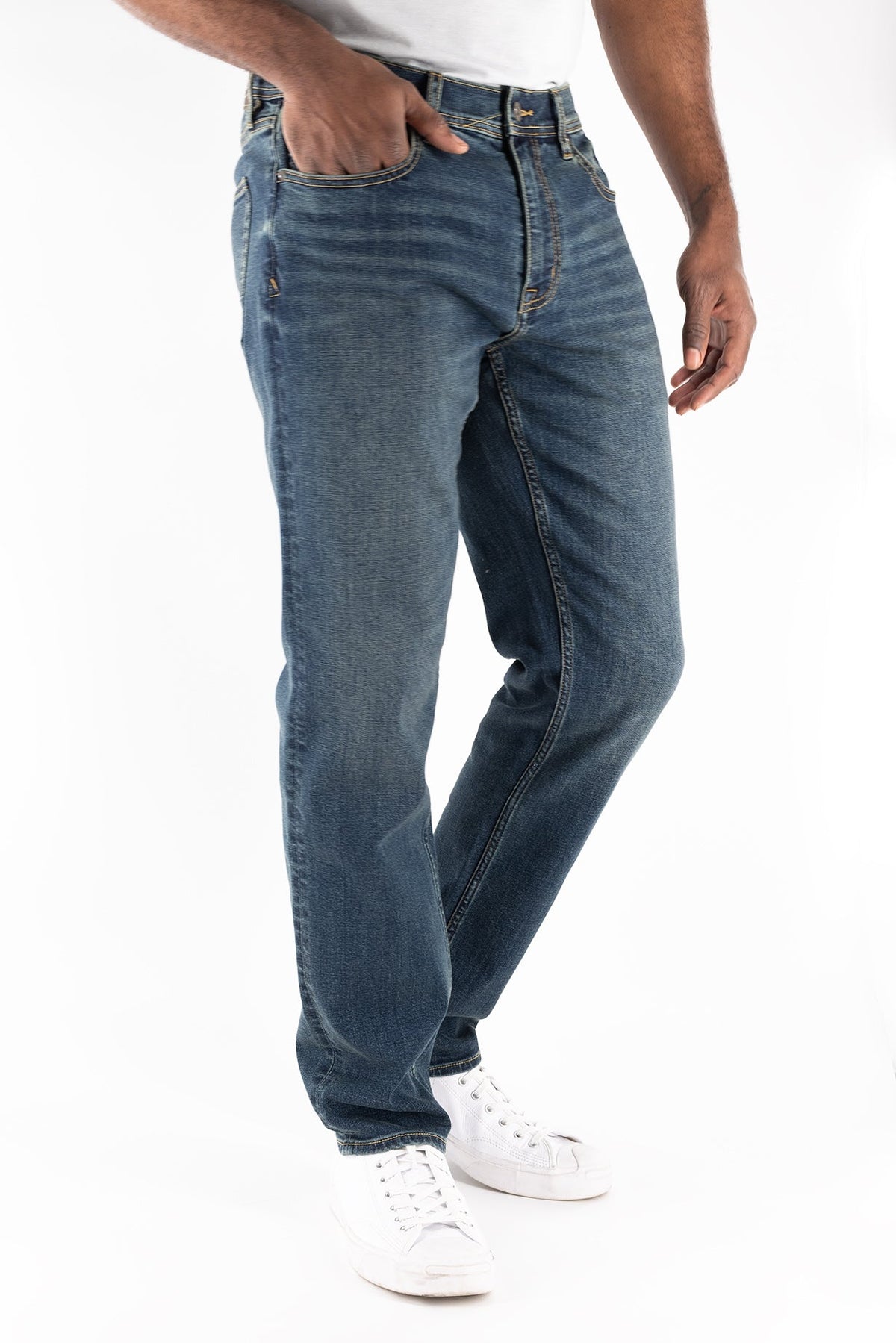 Men’s DEVIL-DOG Burke Vintage Indigo athletic fit stretch denim jeans with roomier thigh fit and modern tapered leg styling