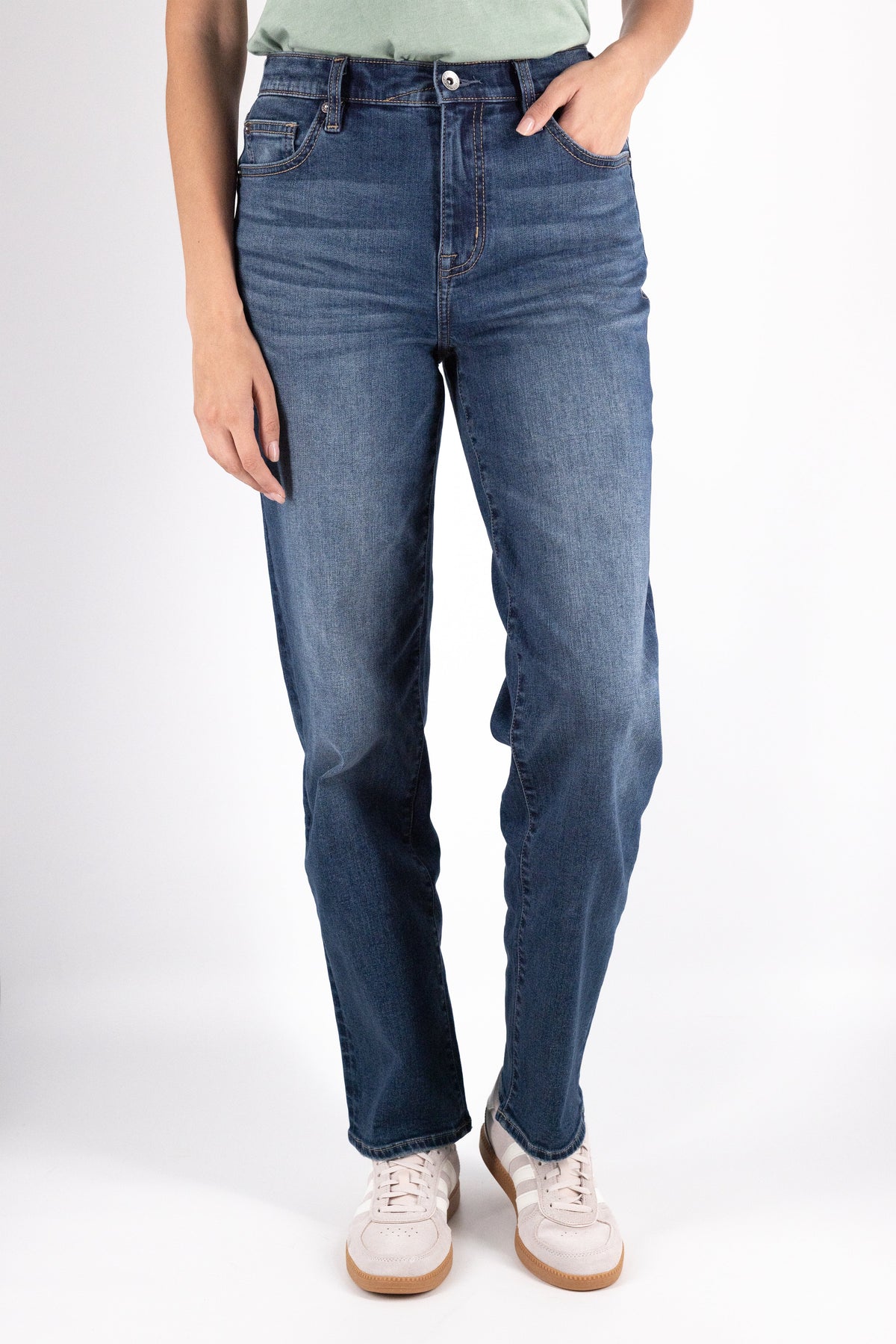 DEVIL-DOG women’s high rise straight stretch jeans in Emerald Isle med dark wash featuring flattering comfort denim for everyday casual wear
