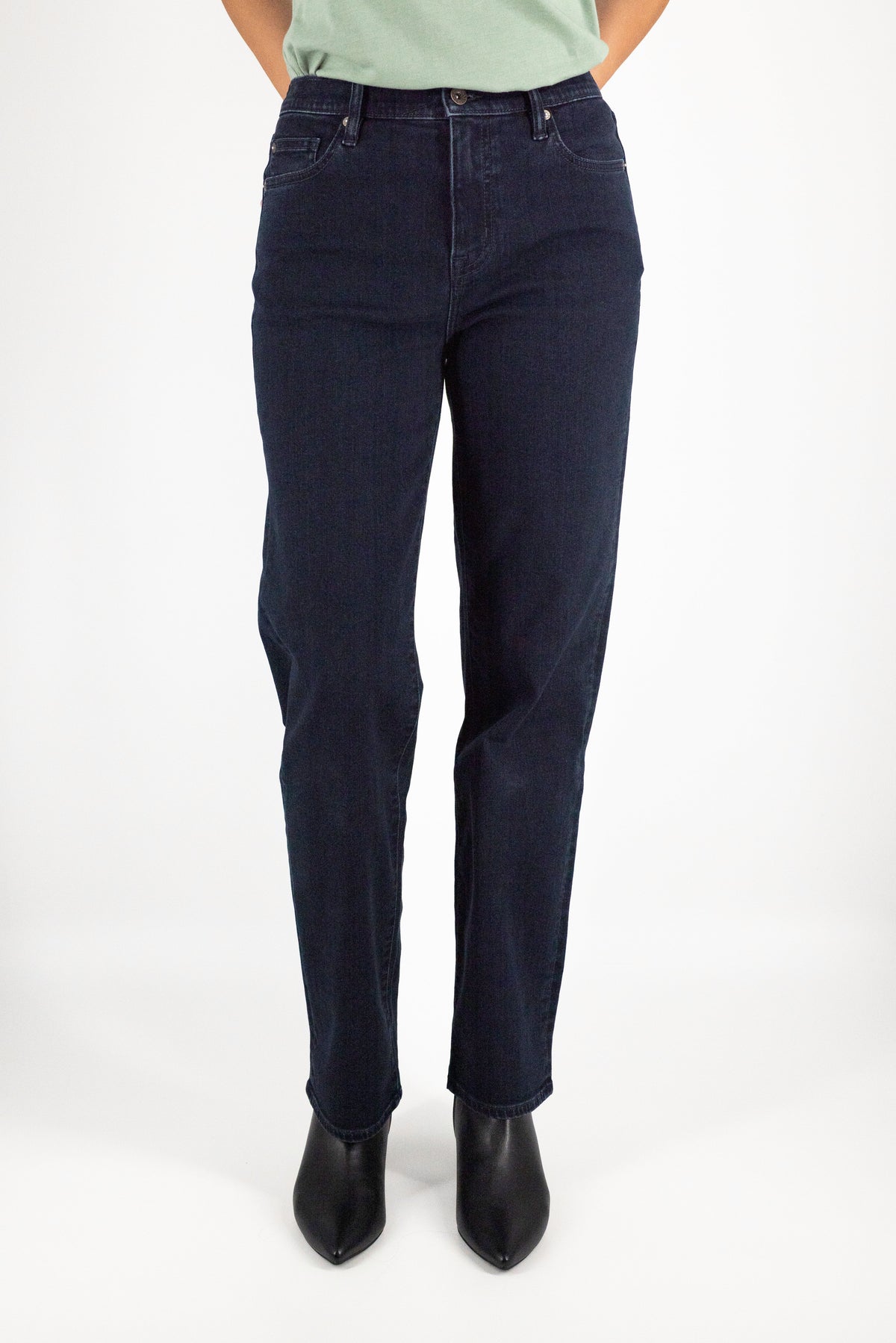 DEVIL-DOG women’s high rise straight stretch jeans in Hope Mills dark wash featuring flattering comfort denim for everyday casual wear