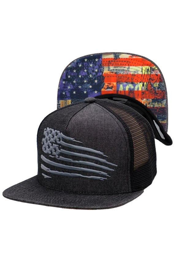 Distressed American Flag Flat Bill Trucker Hat – Snapback Mesh Cap