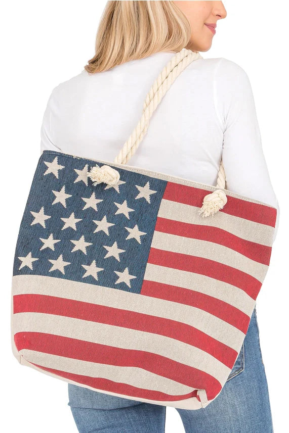 American Flag Canvas Tote Bag – Large Zippered Burlap Style