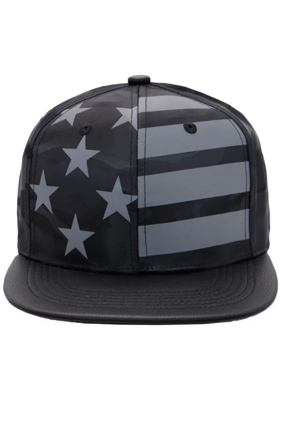 American Flag Camo Flat Brim Snapback Hat – PU Leather Bill