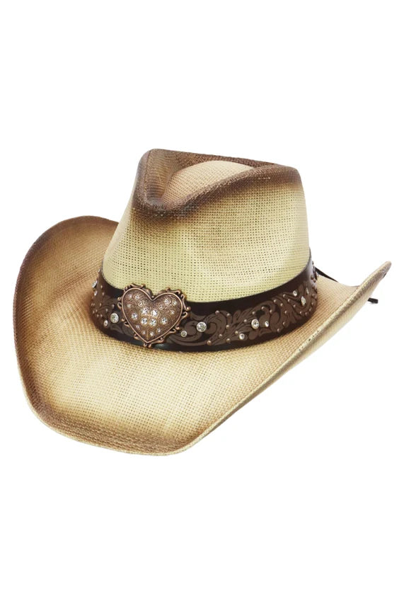 Heart Bling Ombre Straw Cowboy Hat – Rhinestone Belt Trim