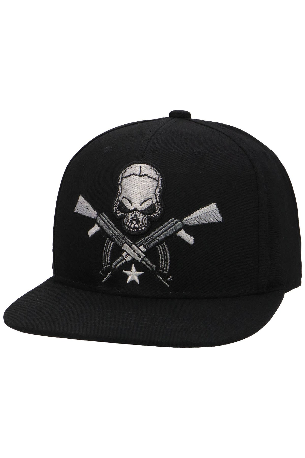 Skull rifle crossbones flat brim snapback cap with embroidered emblem
