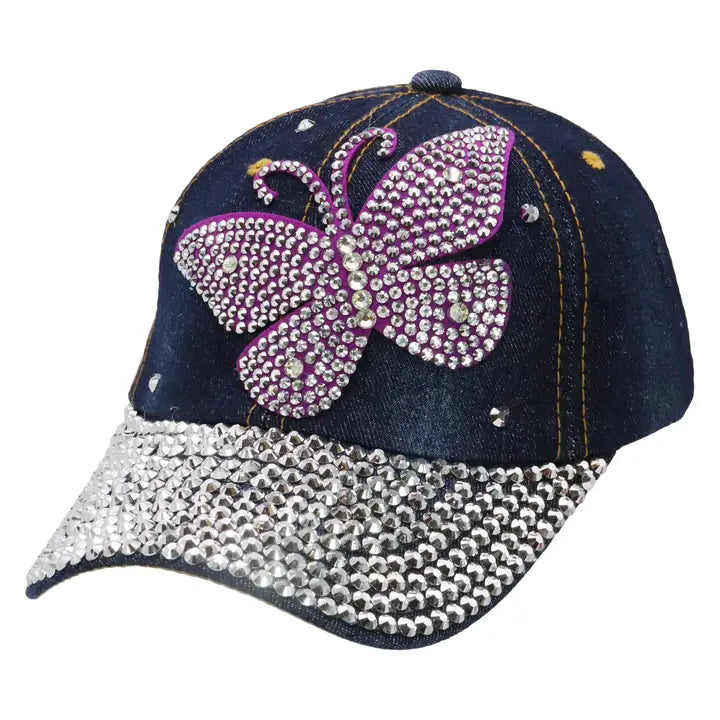 Butterfly Rhinestone Baseball Cap – Dark Denim Blue