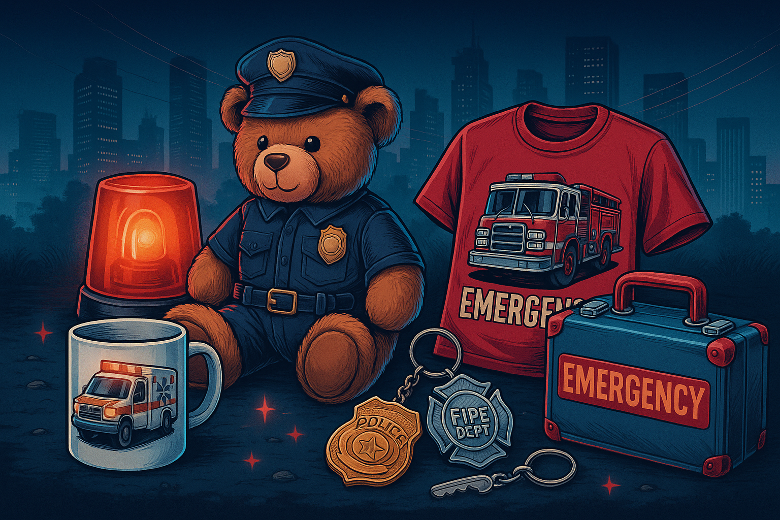Emergency services–inspired gifts and novelties featuring EMS, fire, and police-themed mugs, apparel, and collectibles in a neon city scene