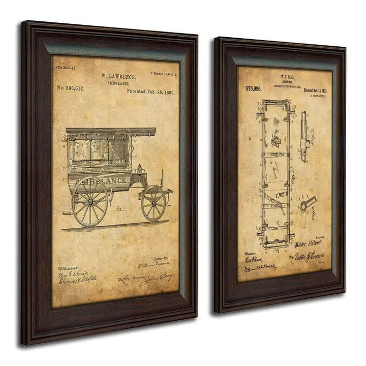 Framed EMT patent art set featuring vintage ambulance and stretcher U.S. patent prints