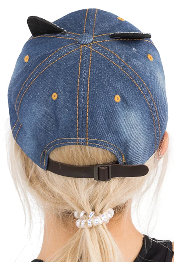 Kitty Cat Rhinestone Denim Baseball Cap – Ear & Whisker Design
