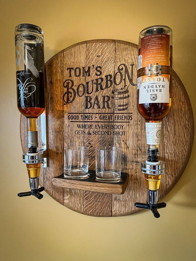 Personalized Bourbon Barrel Lid Liquor Dispenser | Custom Man Cave Bar Decor | Made in USA
