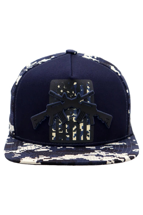 Crossed Rifle USA Flag Flat Brim Cap – Digital Camo Five Panel