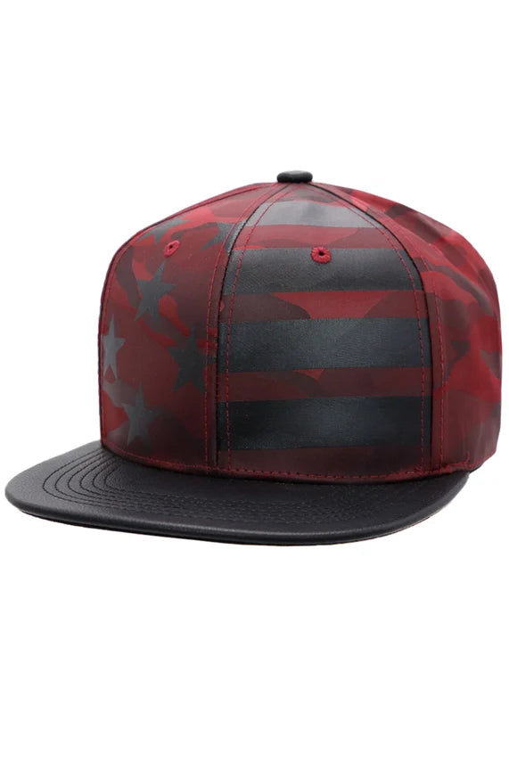 American Flag Camo Flat Brim Snapback Hat – PU Leather Bill