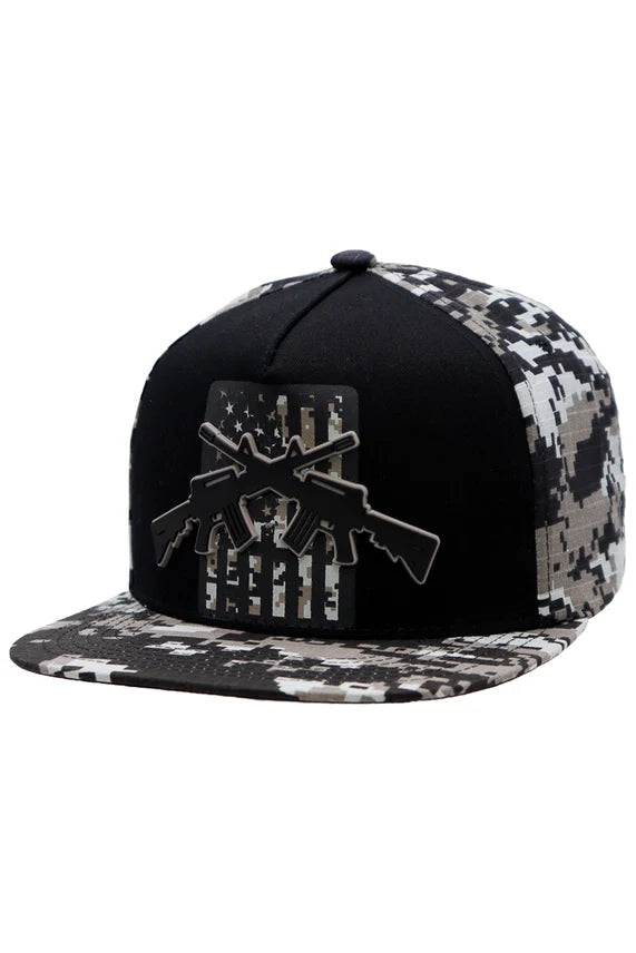 Crossed Rifle USA Flag Flat Brim Cap – Digital Camo Five Panel