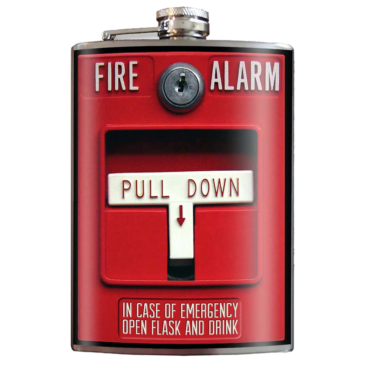 Fire Alarm Pull Station stainless steel hip flask with emergency services humor design, 8 oz capacity