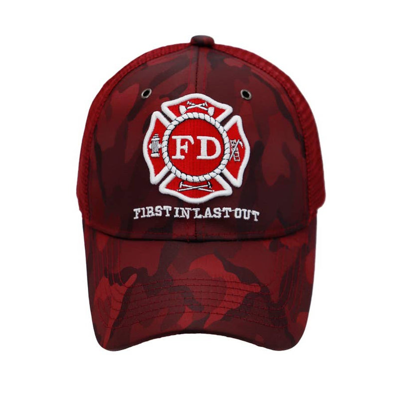Front view of First In Last Out firefighter camo trucker hat with embroidered Maltese Cross logo
