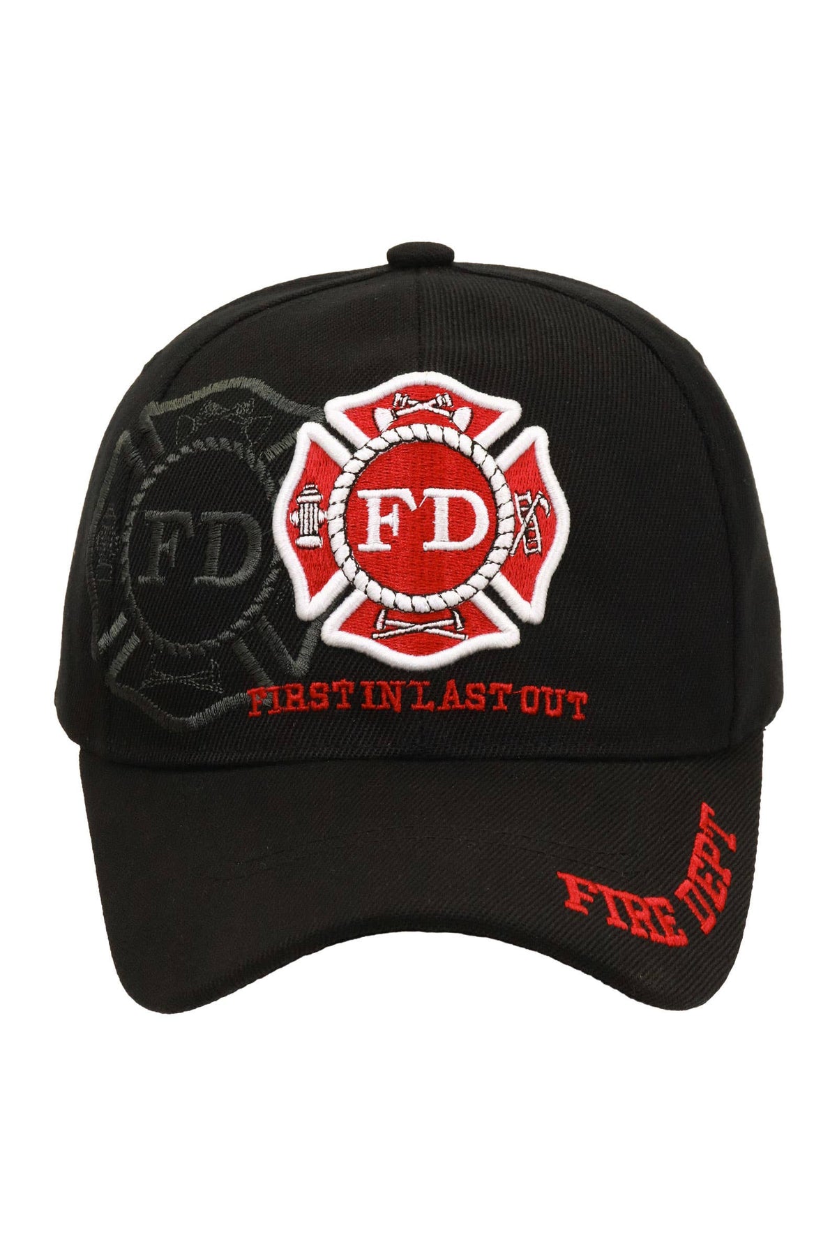Black Fire Department firefighter cap showing embroidered First In Last Out logo and side embroidery