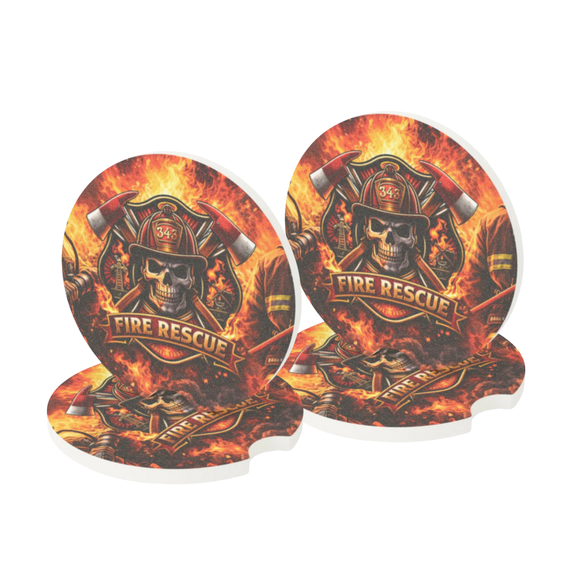 Set of four Fire Rescue skull soapstone car coasters for vehicle cup holders