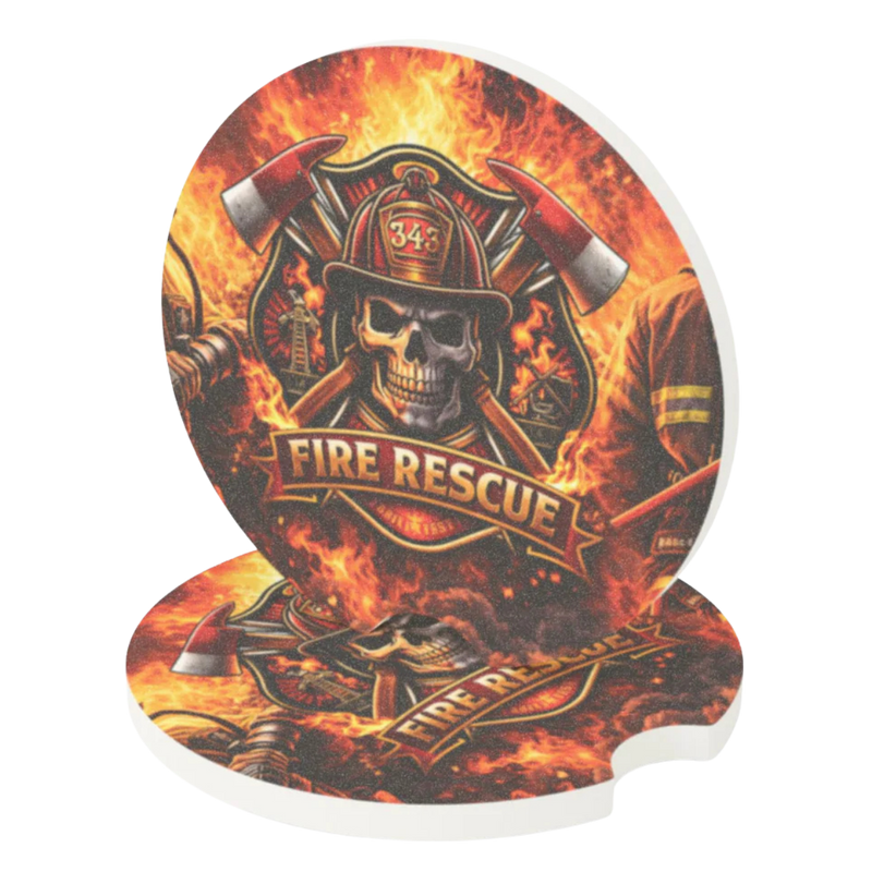 Fire Rescue soapstone car coasters set for vehicle cup holders
